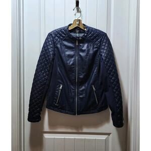 Miss Lili Navy Blue Quilted Faux Leather Biker Moto Style Jacket Women's Size M